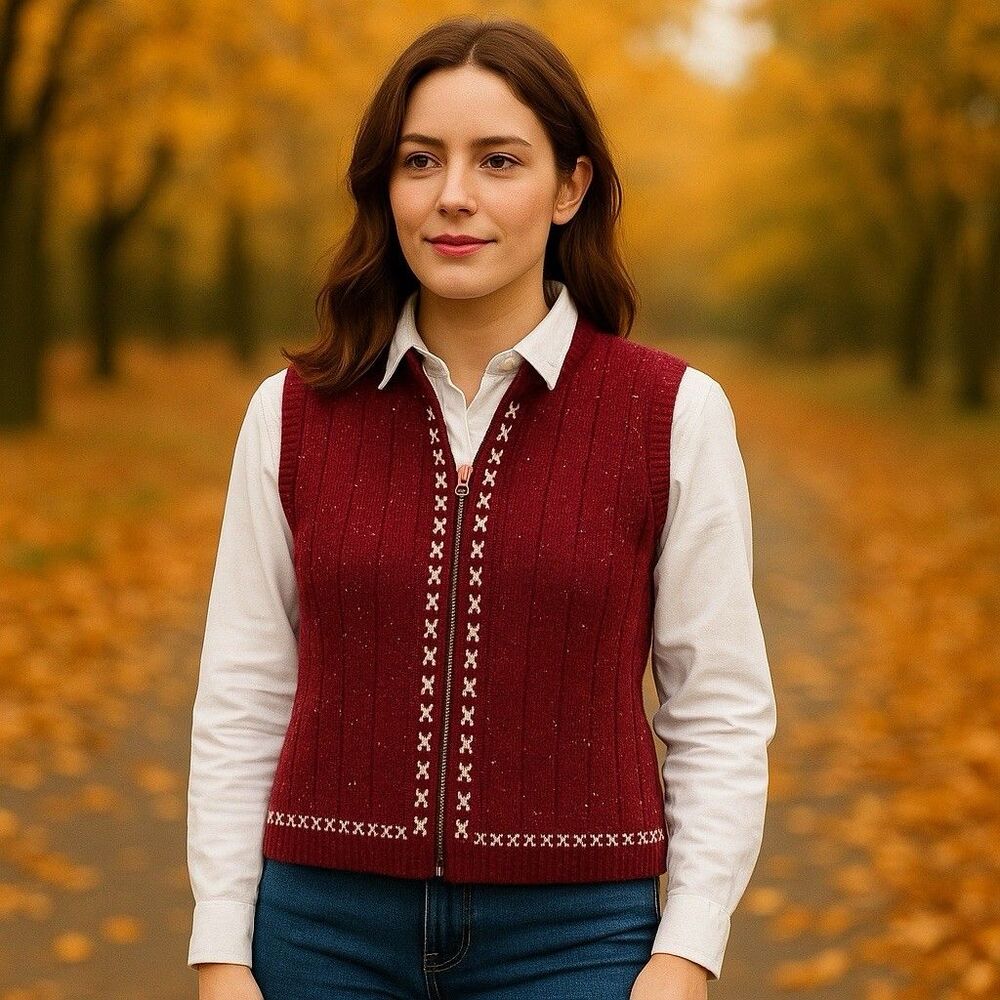 Vintage Woolrich Womens Sz Large Knit Sweater Vest Ruby Heather Zip GrannyCore